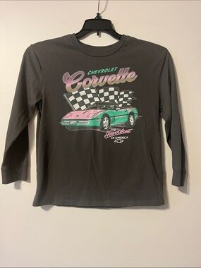 Grey Long-Sleeve Tee with Pink & Teal Corvette Graphic